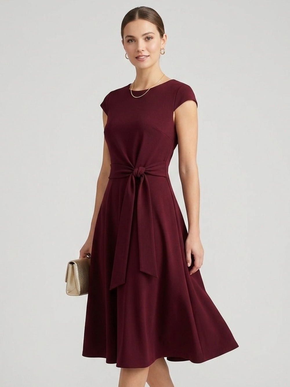 Bbonlinedress Burgundy Cap Sleeve Fit & Flare Tie-Waist Midi Dress Size 2XL